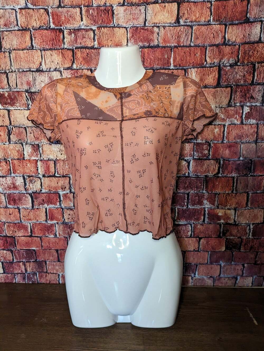 NWTBP Brown Patchwork Mesh Top size XS